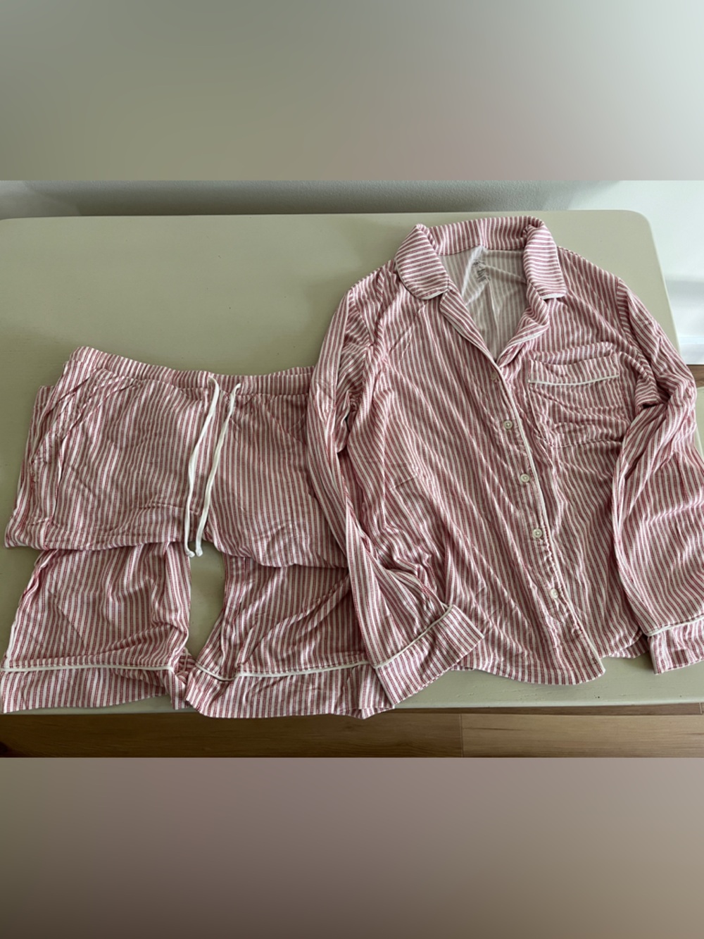 Women's red Striped Pajama Set - Button-Down Top & pants - Picture 1 of 5